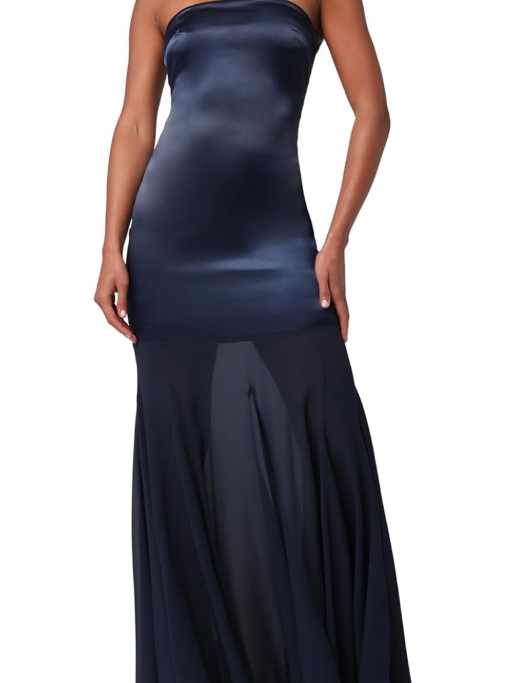 Lulu's Navy Strapless Satin & Chiffon Mermaid Gown Hannah Satin